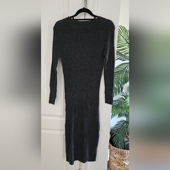 Charlise Elegant Gray Ribbed Knit Dress - Picture 2 of 5